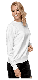 Female model wearing custom white sweatshirt for company swag