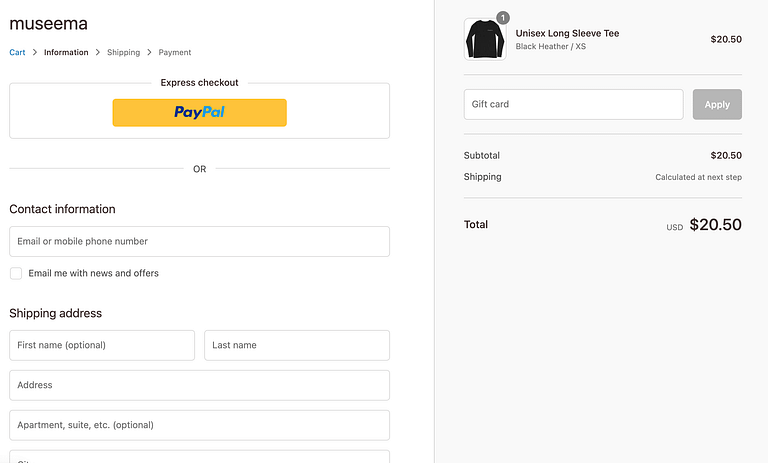 Company swag store checkout page